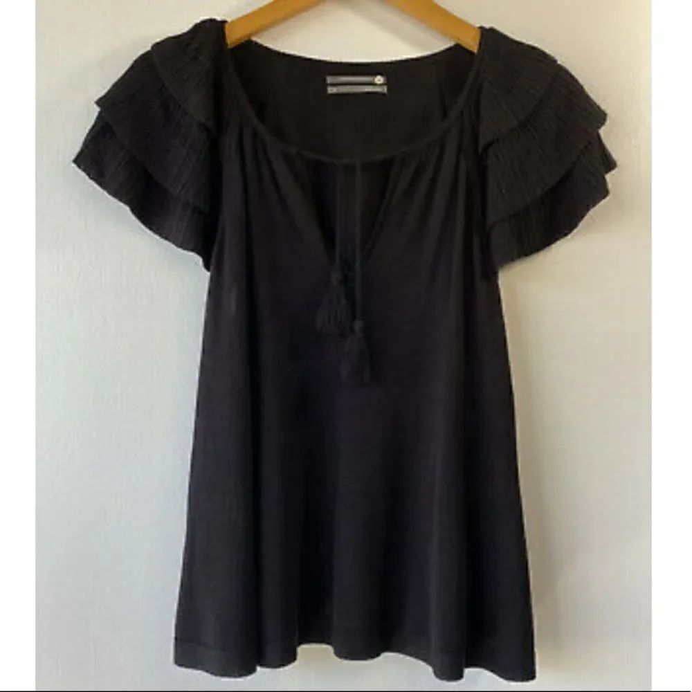 Anthropologie Women’s XS Alma Ruffled Sleeve Knit Top Blouse Black